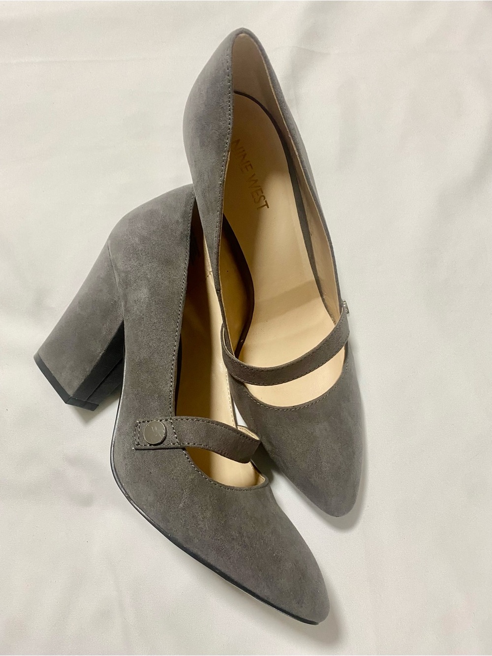 Nine West Gray Suede Mary Jane Block Heel Pumps